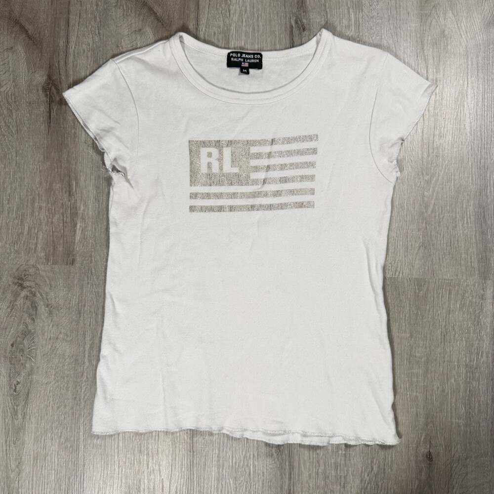 Polo Jeans Co. Ralph Lauren Women's White American Flag Graphic Tee Medium
